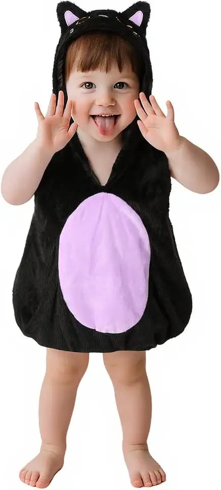 VZQI Baby Cat Costume, Black Plush Sleeveless Hooded Dress