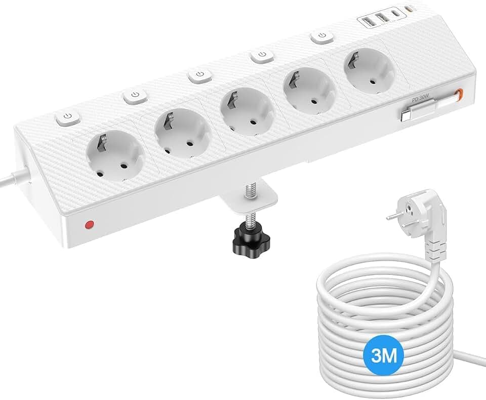 PASSUS Mehrfachsteckdose mit 2 USB C 30W, Verlängerungskabel 3M, Weiß