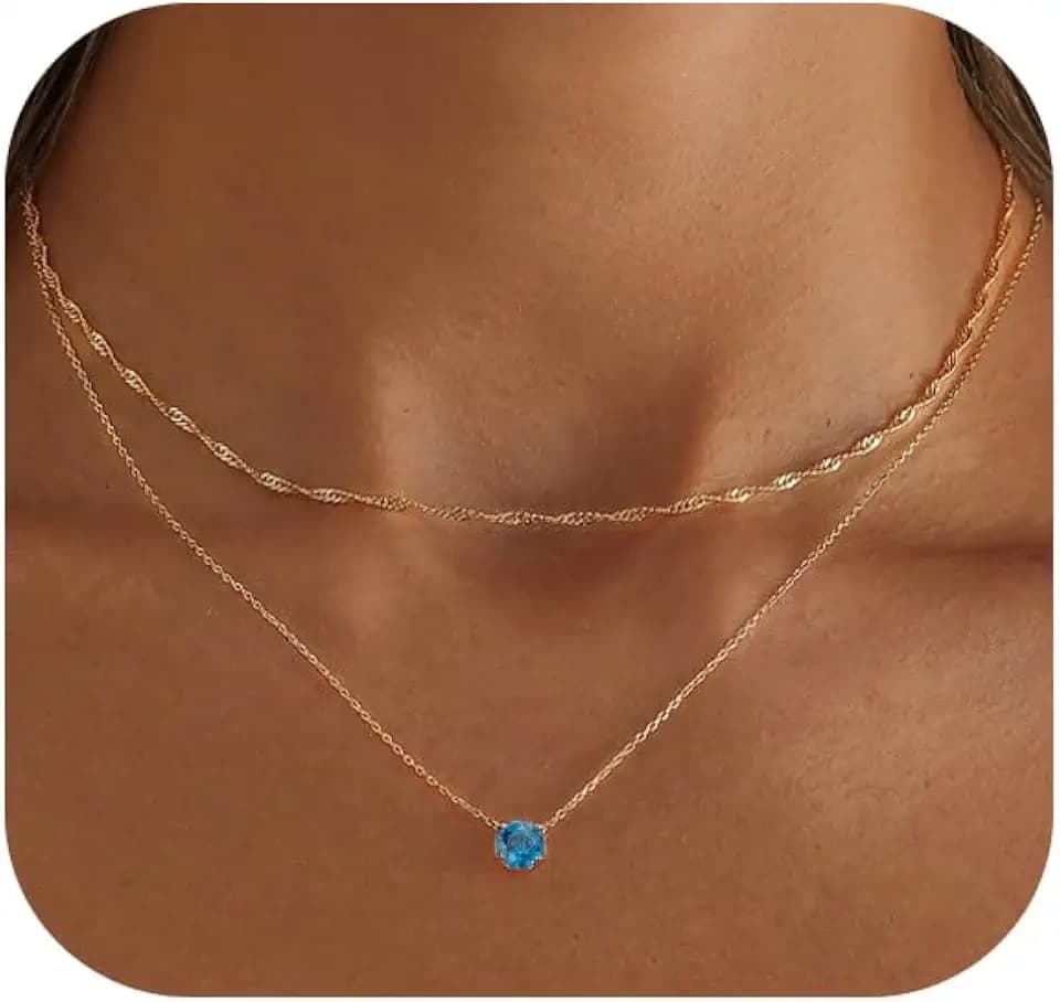 Diamond Necklaces for Women Dainty 14K Gold Plated Birthstone Pendant for Women Trendy Emerald Blue Green Cubic Zirconia Layered Necklace Birthstone Gifts Jewelry Pendant