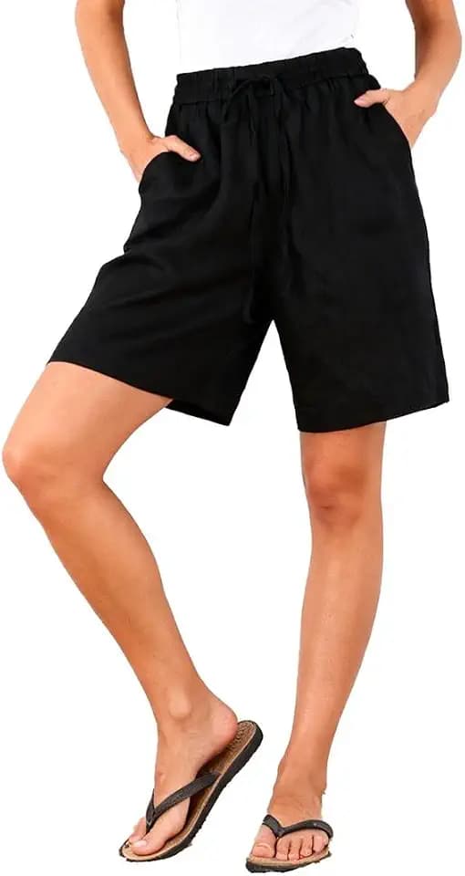 Amazhiyu Women's Pure LinenSummer Drawstring Bermuda Shorts
