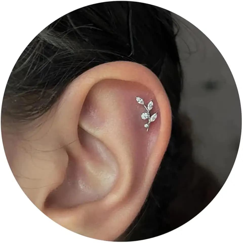 16G Titanium Flat Back Earrings for Women Conch/Helix/Foward Helix/Tragus/Hypoallergenic Piercing Jewelry Internal Thread Cartilage Stud Gold Silver CZ Branch Earrings
