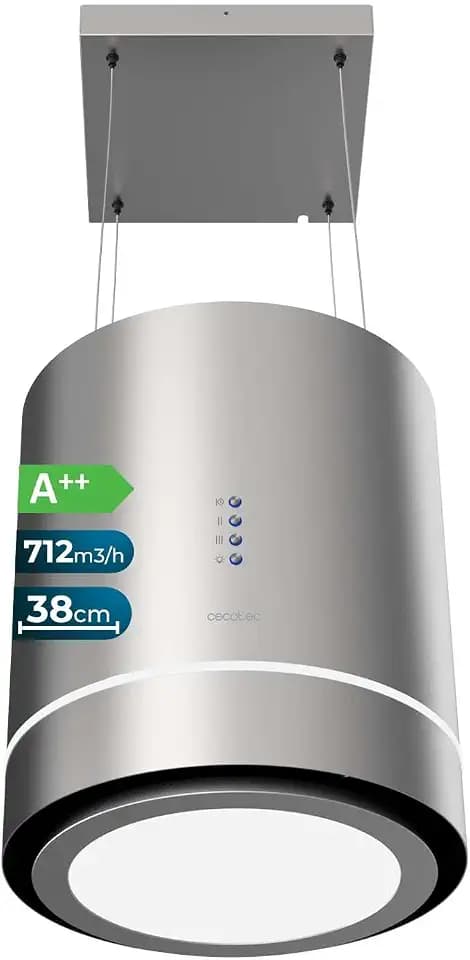 Cecotec Runde Insel-Dunstabzugshaube 44 cm Bolero Flux Cre 448000 Inox A++. Edelstahloptik, Saugleistung 800 m³/h, 210-W-Motor, Elektronische Steuerung, Beleuchtung, Kohlefilter
