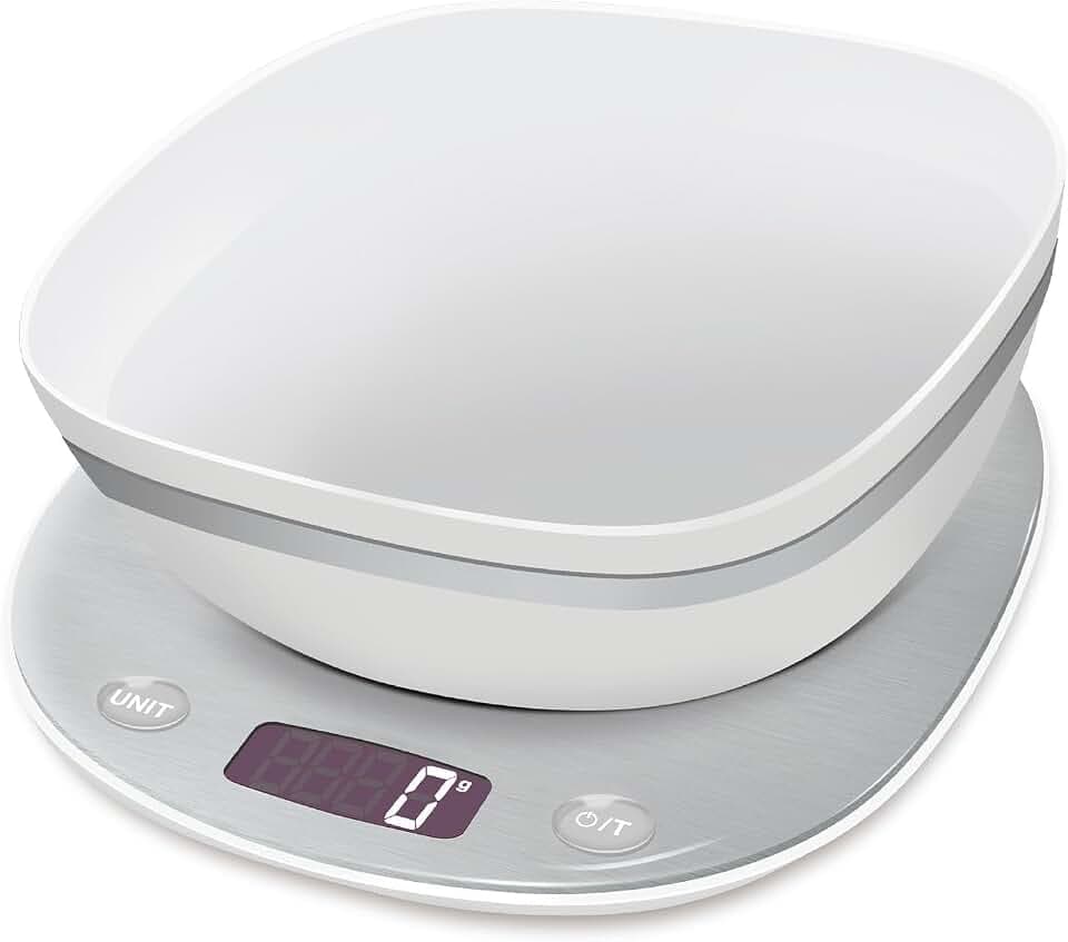TERRAILLON - MACARON + ICE Schüssel – Elektronische Küchenwaage, Edelstahl-Finish, Schüssel mit 1,5 l, LCD-Display mit Hintergrundbeleuchtung, integrierter Griff, Kapazität 5 kg, Skala 0,5 g/1 g