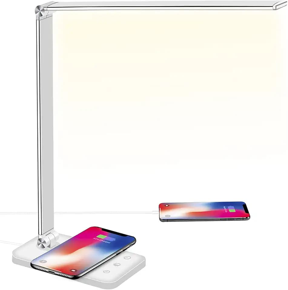 BIENSER Schreibtischlampe LED, 10W Wireless Charging, USB Ladefunktion, Bürolampe Tischlampe mit 10 Helligkeits X 5 Farbstufen Dimmbar, Memory Funktion, Sensible Kontrolle, 30/60 min Auto Timer, 20W