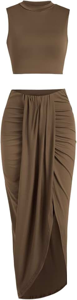 ZAFUL 2 Piece Skirt Sets for Women Crop Top Ruched Maxi Skirt Suiting