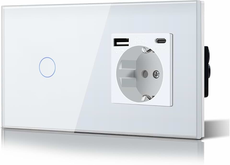BSEED Touch Lichtschalter mit Steckdose USB C aus Glas, Modern Steckdosen Unterputz, Wandschalter mit LED Hinterlicht (Kein Neutralleiter erforderlich), Kein WLAN, 157mm 1 Fach 1 Weg Weiß