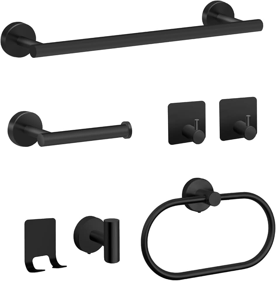 7-Teiliges Badezimmerzubehör-Set, Edelstahl Badezimmer Eisenwaren Set Matt Schwarzer Badezimmer Turm Rack Set umfasst 40cm Handtuchhalter Toilettenpapierhalter Handtuchring 4 Robe Handtuchhaken