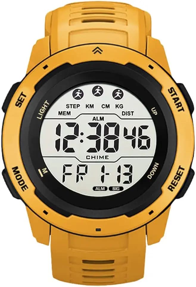 Digitale Armbanduhr für Herren, Militär, Outdoor-Uhr, mit Schrittzähler, strategische Überlebensuhren für Herren, wasserdicht 50 m, gelb, Riemen