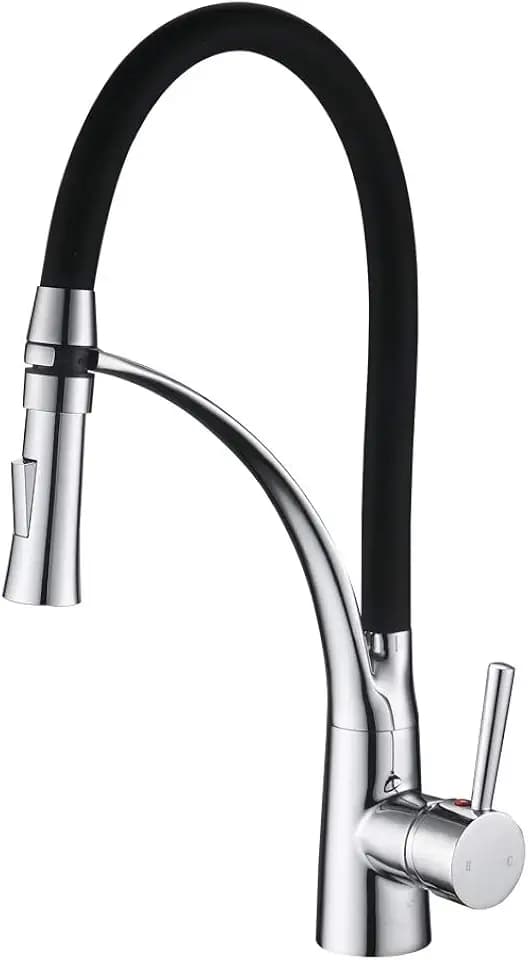 Küchenarmatur, 360° Drehbarer Wasserhahn Küche mit Herausziehbarer Dual-Spülbrause, Schwarzer Silikon Weichschlauch, Spüle Mischbatterie Einhebel Spültischarmatur, Messing Verchromt