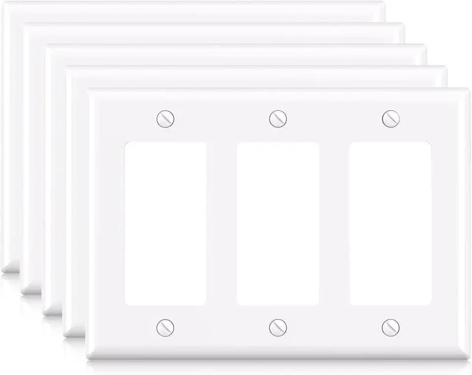 ELEGRP 3-Gang Decorative Wall Plates, Standard Size 4.53" H x 6.39" L Unbreakable Thermoplastic Faceplate Cover for Decorator Receptacle Outlet Switch, UL Listed (5 Pack, Glossy White)