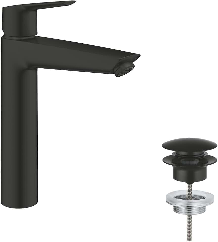 GROHE Start, Waschtischarmatur hoch, wassersparend (Wasserhahn für das Bad, Badarmatur mit Push-Open Ablauf, 26cm hoch, mit 3in1 Werkzeug, einfache Installation), mattschwarz, 241652433