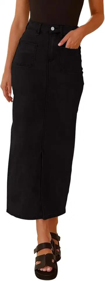 REORIA Damen Jeans Maxirock Bleistift Midiröcke für Damen eleganter Langer Rock mit Vier Taschen und Schlitz am Saum