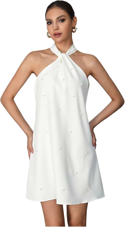 Floerns Women's Pearl Beaded Halter Twist Sleeveless Tie Back Dress