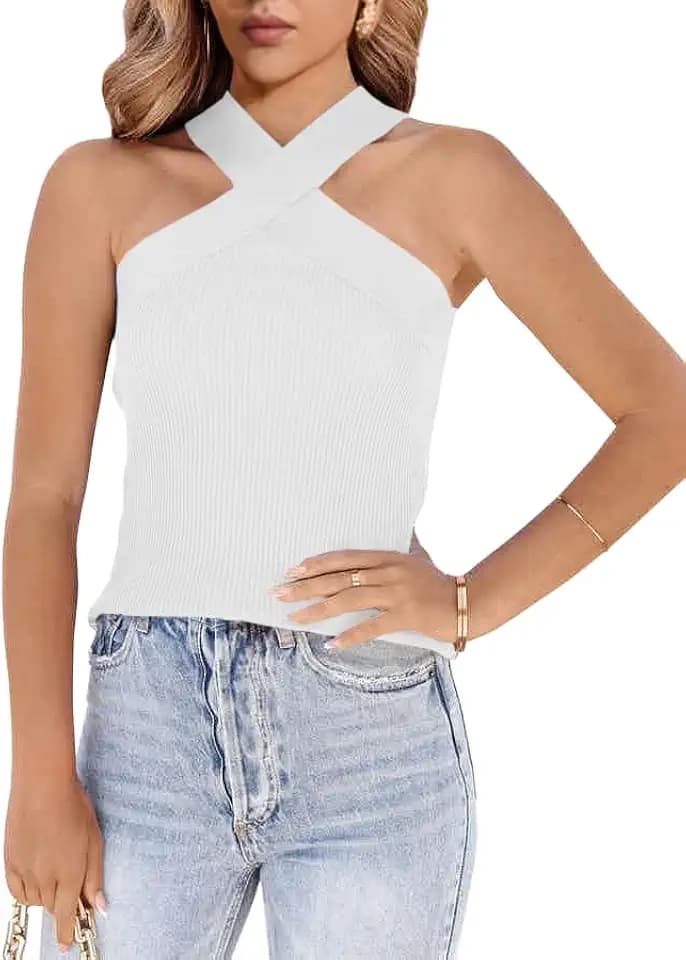 Womens Criss Cross Halter Sweater Vest Tops Summer Sleeveless Pullover Casual Lightweight V Neck Knit Tank Top