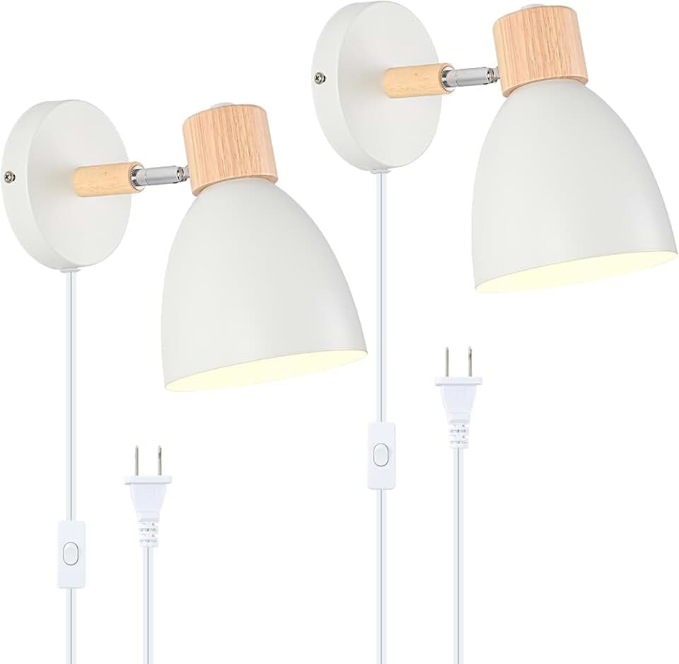 Wall Sconces Plug in, Swing Arm Wall Lamp with Power Cord, White Plug in Wall Lighting Fixtures Set of Two, Bedside Wall Mounted Reading Lamp with Switch, for Bedside Bedroom Hallway