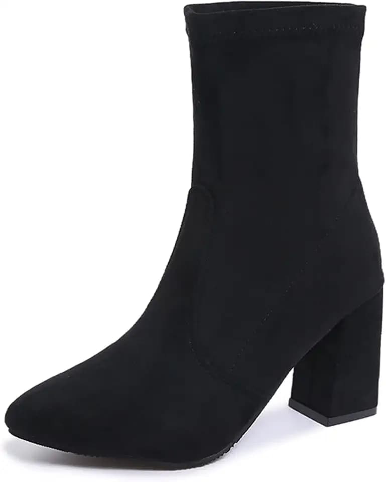 Chunky Heeled Ankle Boots For Women Suede Pointed Toe Comfortable Stretch Pull On Non Slip Fall Short Booties