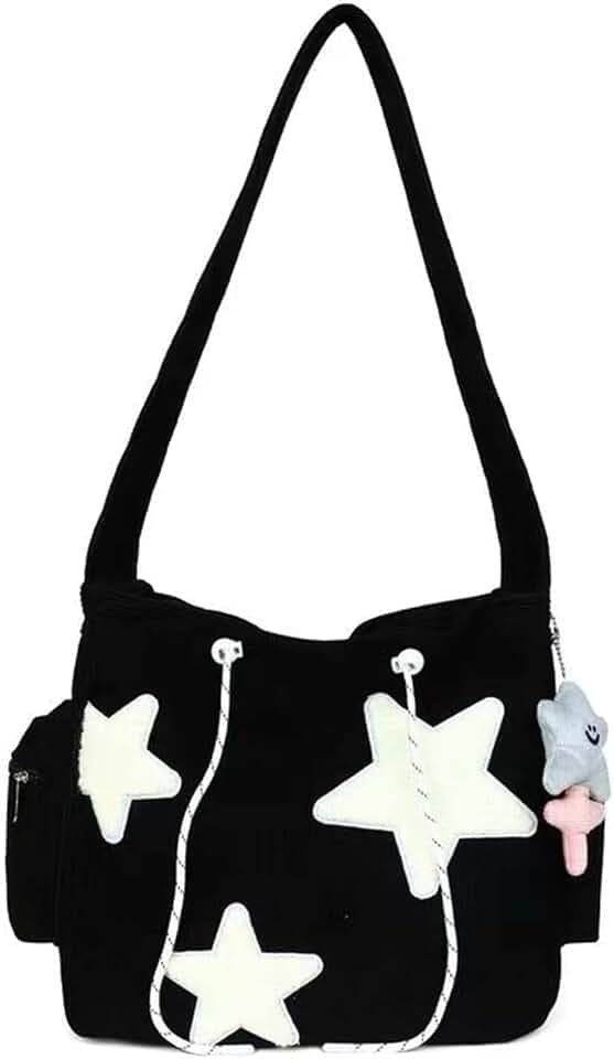 Corduroy Crossbody Bag for Women Y2k Aesthetic Star Patches Messenger Bag Cute Shoulder Tote Bag with Kawaii Pendant