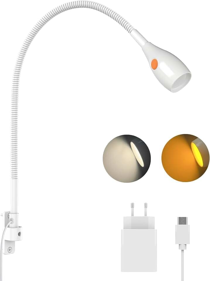 acegoo LED Leselampe Bett Vollmetall, Dimmbar Schwanenhals Lampe 3000K/Bernstein, Wandmontage Weiß mit Schalter Flexible, praktischer Schalter am Lampenkopf für Buch Schlafzimmer (1 pack)