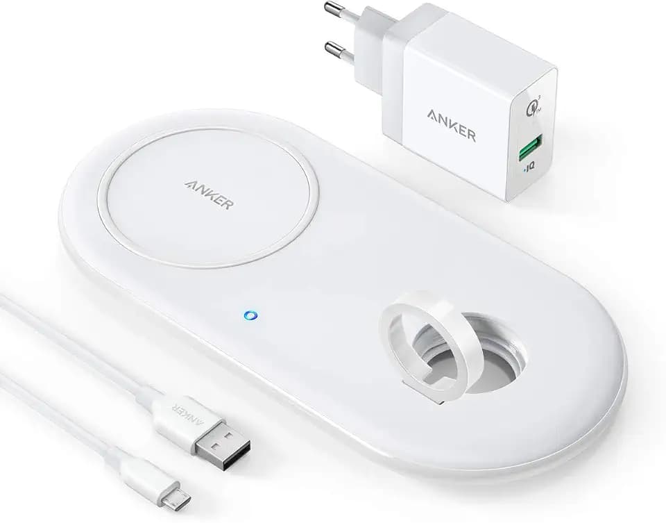 Anker PowerWave+ Ladepad mit Ladedock für Deine Watch, Qi-zertifiziertes 2-in-1 Ladepad mit Apple Watch Ladedock, für Apple Watch 5, Schnelles Laden mit iPhone 14/14 Pro/ 14 Pro Max/13, AirPods Pro 2