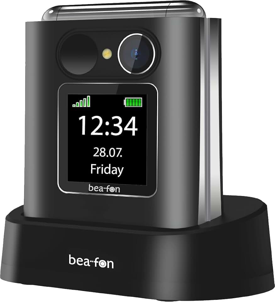 Beafon, silverline, Fold10, Klapphandy, SOS Notruftaste, XL Farbinnendiplay 2,2" (5,58cm), XL Farbaußendisplay 1,44" (3,65cm), Fotokonatakanzeige, Kamera, Lichtsignal, Tischladeschale