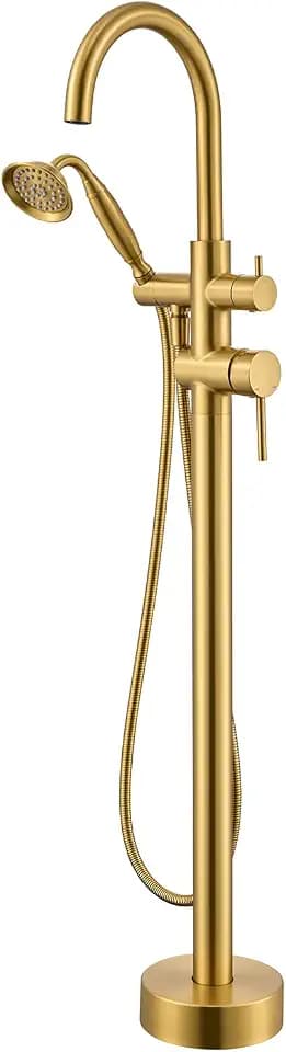 Wowkk Tub Filler Freestanding Bathtub Faucet Brushed Gold Floor Mounted Brass Bathroom Tub Faucets with Hand Shower