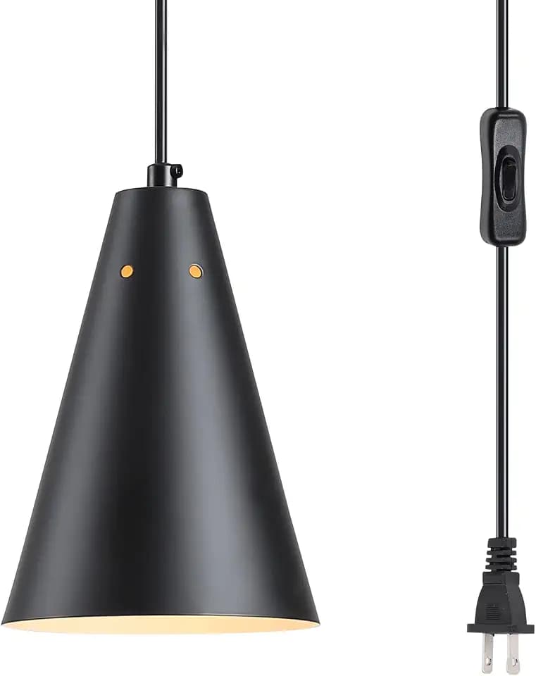 Black Plug In Pendant Light,Hanging Lights With Plug In Cord On/Off Switch, Mini Pendant Lights for Kitchen Island,Modern Farmhouse Pendant Light Fixture with Metal Shade,Hanging Lamps for Bedroom