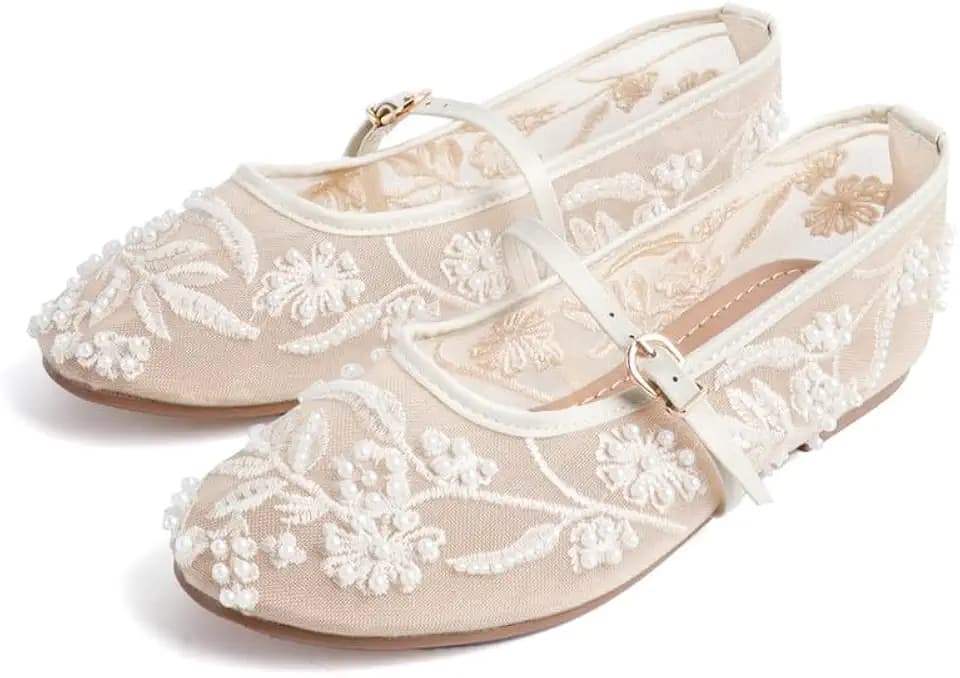 MAVMAX Ballet Flats with Strap for Women Floral Ballet Flats Mesh Shoes Women Flat Slip On Ballerina Shoes Round Toe Comfortable Daily Dress Shoe