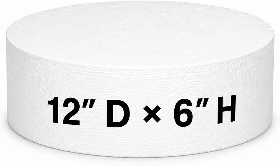 Crafts Central 6-Inch Thick Round Foam Cake Dummy – Polystyrene Styrofoam Cake Form for Decorating, Wedding & Birthday Displays, Crafting, Modeling, and Art Projects – 1 Piece (12" D x 6" H)