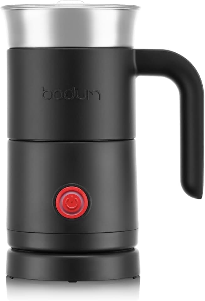 BODUM BARISTA Elektrischer Milchaufschäumer 300 ml – Edelstahl mit Antihaft Innenbeschichtung – Für Cappuccino, Latte, Flat White & Heiße Schokolade – Zwei Aufsätze zum Aufschäumen & Erhitzen