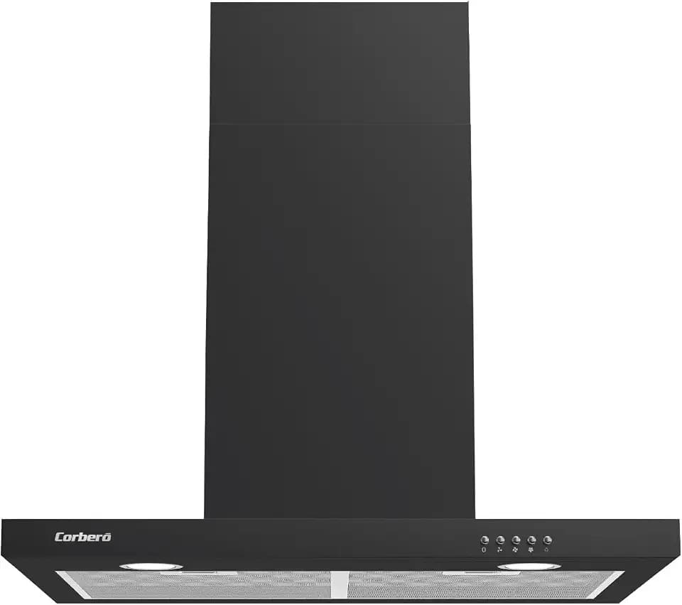 Corberó VOSTOK760B Dekorative Dunstabzugshaube, horizontal, schwarz, 70 cm, Durchflussmenge 647,7 m³/h, 165 W, 3 Geschwindigkeiten, 2 x Aluminiumfilter, Kohlefilter, Energieeffizienz A