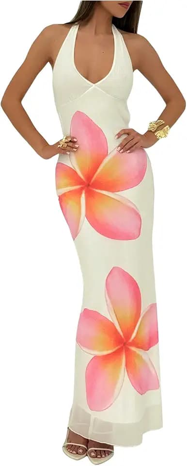 Milumia Women's Floral Print Deep V Neck Halter Dress Tie Backless Mesh