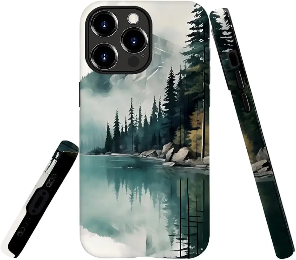 Case Compatible with iPhone 16 Pro Max,Hybrid 2-Layer Hard Shell,Shockproof Soft for Girl Women,Forest Lake Mountain Watercolor