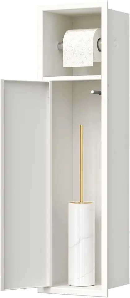 Neodrain Unterputz-Schrankmodul Edelstahl Badezimmerschrank Schmal Eingebaute Weiße Toilettenschrank mit Toilettenpapierhalter und Klobürstenhalter, 63 x 15 x 15 cm, SBX10-63-WT