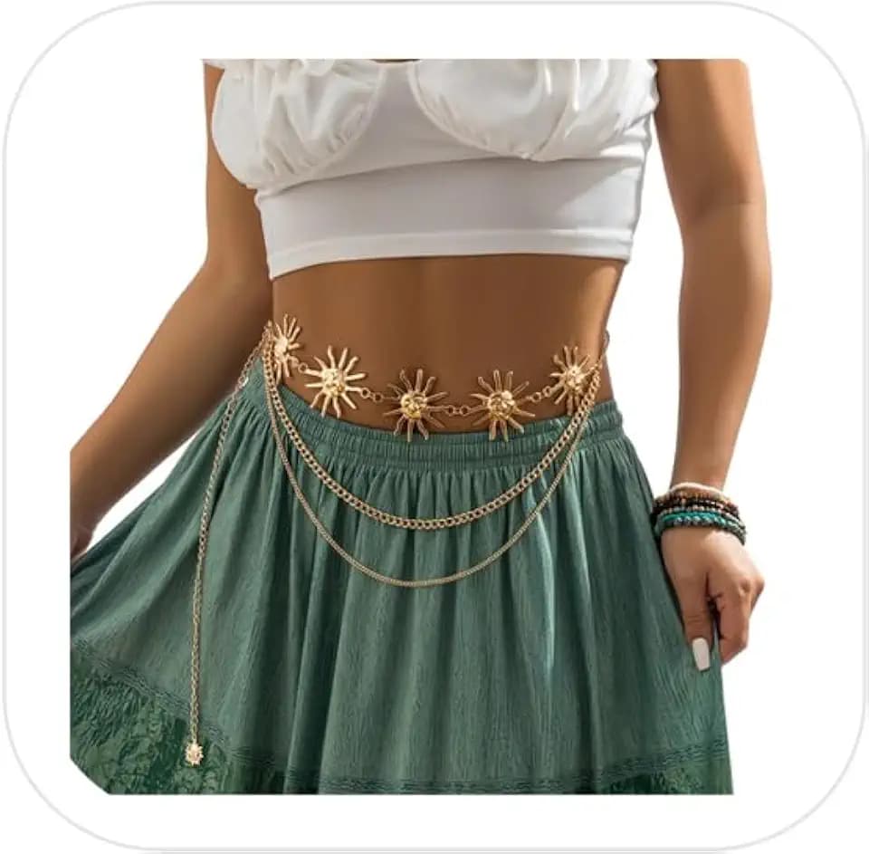 Women Multi-layere Tassel Sun Pendant Waist Belt Bikini Hollow Out Waist Chains Jewelry Metal Long Belly Chain Belt Rave Party Body Accessories Jewelry for Dress