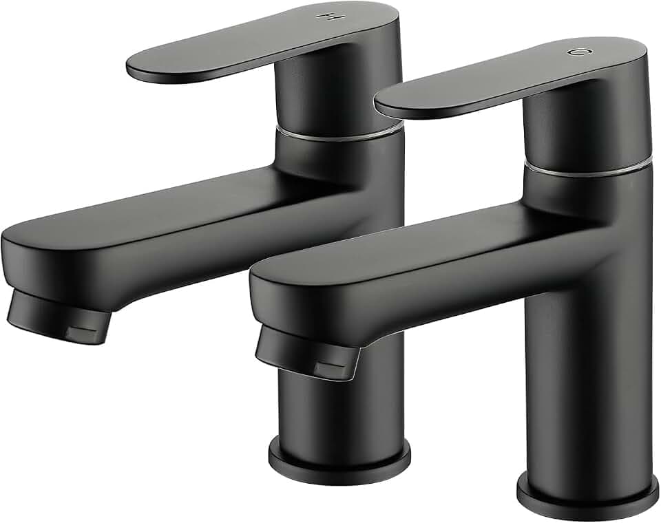 Badezimmer-Waschbecken-Säulenarmaturen, 1/2 C Paar Waschbecken-Mischarmaturen, 1/4 Drehung Garderobe, Doppelarmaturen, 2 Stück moderne runde Armaturen, massives Messing, mattschwarz