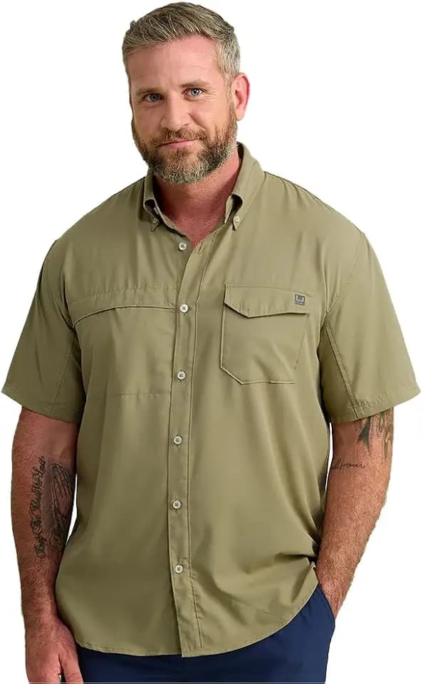 HUK Men's Tide Point Kc Scott Original Artwork Short Sleeve Shirt, Fishing Button Down
