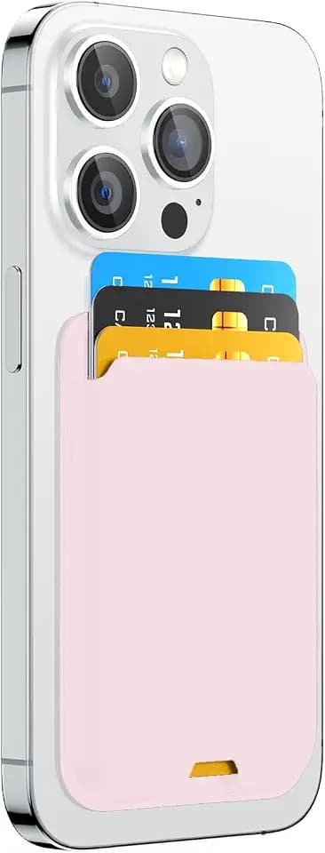 Phone Card Holder, Premium Leather Wallet Stick on, Adhesive Credit Card Holder for Case, Sticky Wallet for Back of Cover, Android Cell Phone, iPhone, Fit 4 Cards (Light Pink)