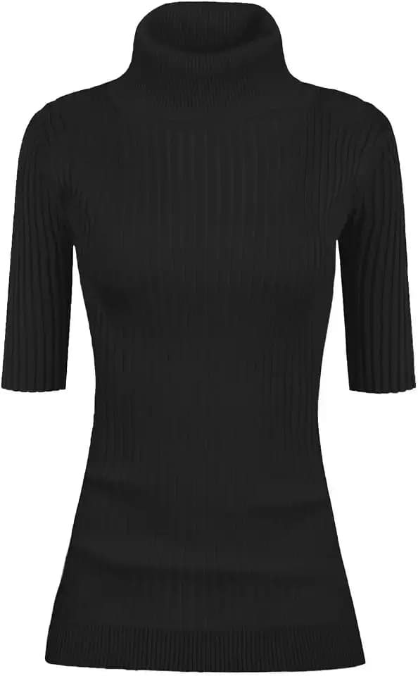 v28 Women Turtleneck 1/2 Half Sleeve Highly Stretchy Ribbed Knit Fitted Sweater