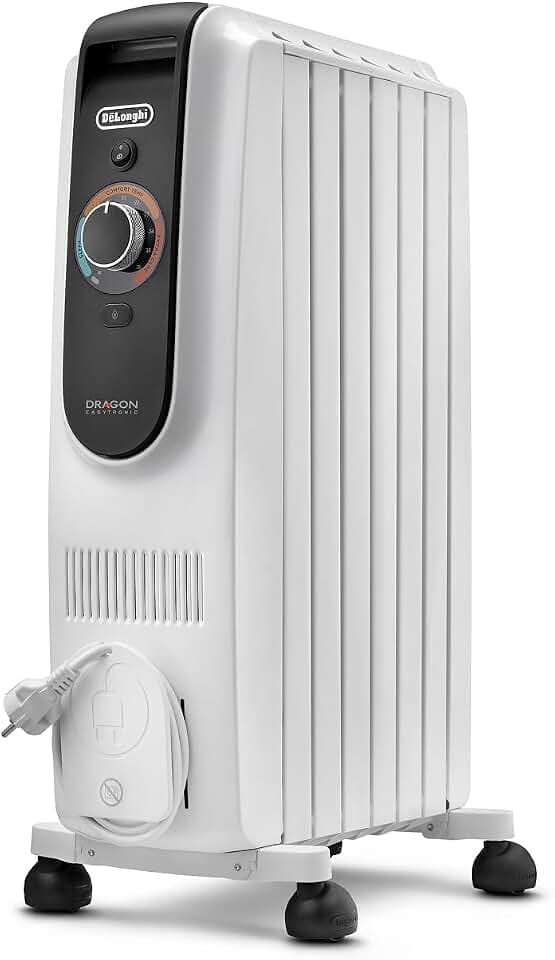 De'Longhi Dragon EasyTronic – Ölheizer für Räume bis 45m³, Elektroheizung mit Sicherheitsthermostat, 6 Rippen, Individuelle Heizung – 12 Temperaturstufen, Tragbar, 1500W, Weiß (TRD50615)