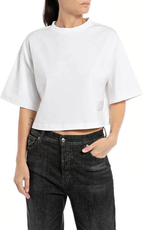 Replay Damen T-Shirt Kurzarm aus Baumwolle Second Life Collection, White 001 (Weiß), XS