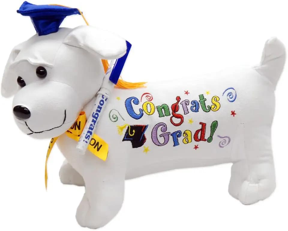 Graduation Autograph Stuffed Dog w/Pen, Congrats Grad! (Blue) 12"