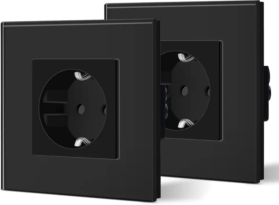 BSEED Schuko Steckdose 2er Pack, 16Amp AC Power Kristallglas Platte, 1 Fach Unterputzdose Steckdose, 86mm Single Schutzkontaktbuchse Wandsteckdose Wandsteckdose Schwarz