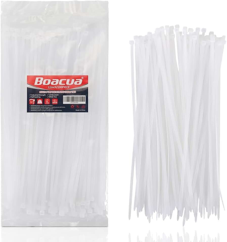 White Zip Ties Heavy Duty 12 inch,100 Pack,50LB, Cable Ties, Clear Zipties