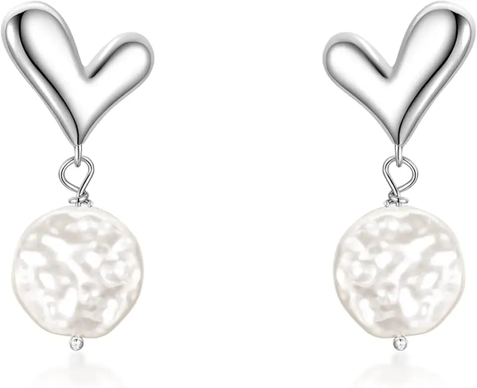 Silver Pearl Drop Earrings for Women,Young Heart Dangle Earrings
