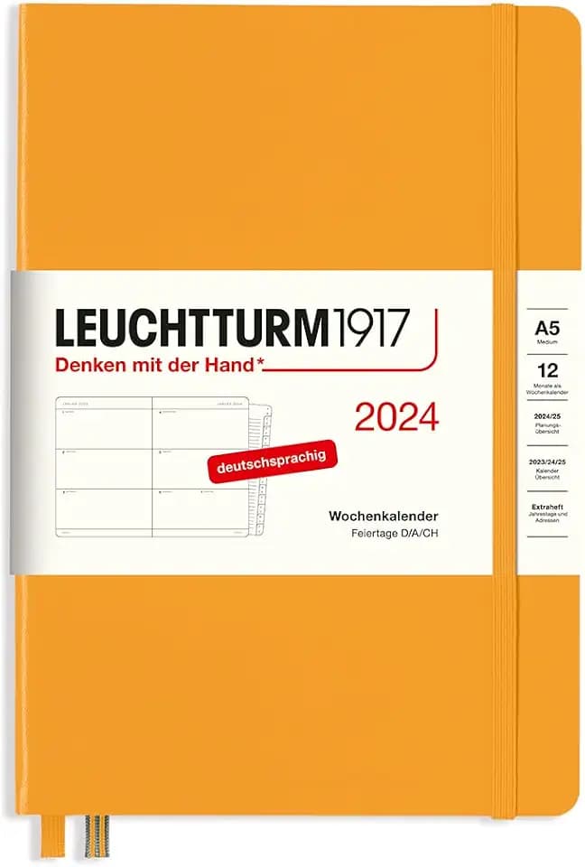 LEUCHTTURM1917 367615 Wochenkalender Medium (A5) 2024, mit Extraheft für Adressen und Jahrestage, Rising Sun, Deutsch, 12 Monate
