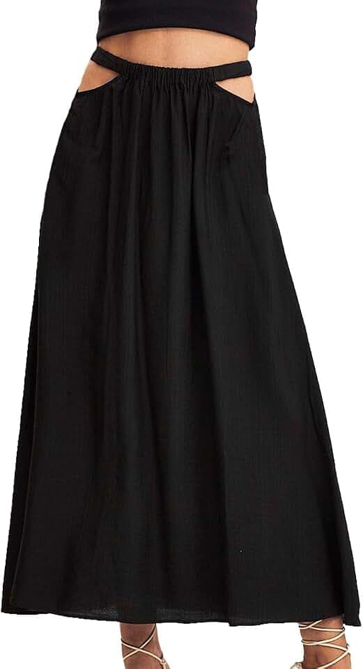 Langer Rock für Damen, Sexy Boho Side Cut-Out Hohe Taille Plisseerock Ruffles Elasticated Midi Röcke Faltenrock für Frauen, Bohème A-Linie Großer Rocksaum Fließender Rock Lang, Schwarz, S-L
