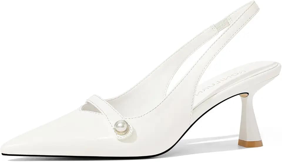Women Kitten Heels Slingback Low Heel Pumps Dress Shoes for Women Closed Pointed Toe Pearl Heels for Work Wedding Bridal
