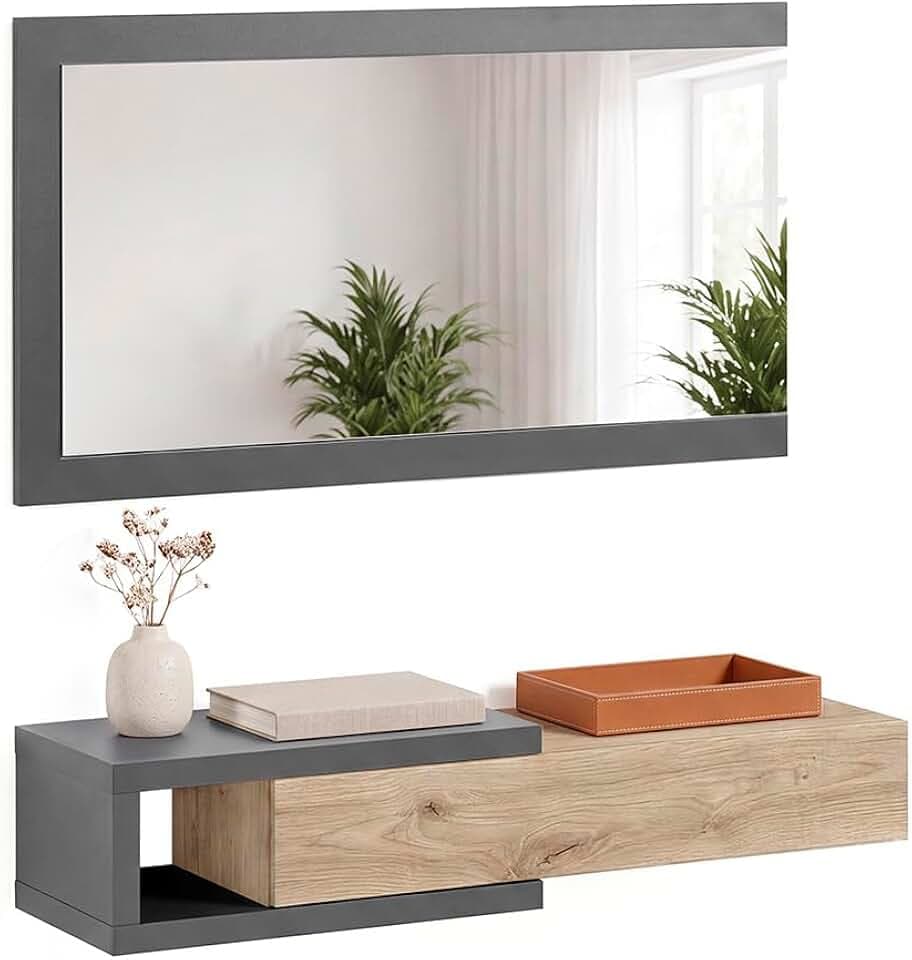 duehome Flur mit Schublade und Spiegel, Eingangsmöbel, Modell Derek, Finish in Graphitgrau und alpiner Eiche, Maße: 95 cm (Breite) x 19 cm (Höhe) x 25,2 cm (Tiefe)