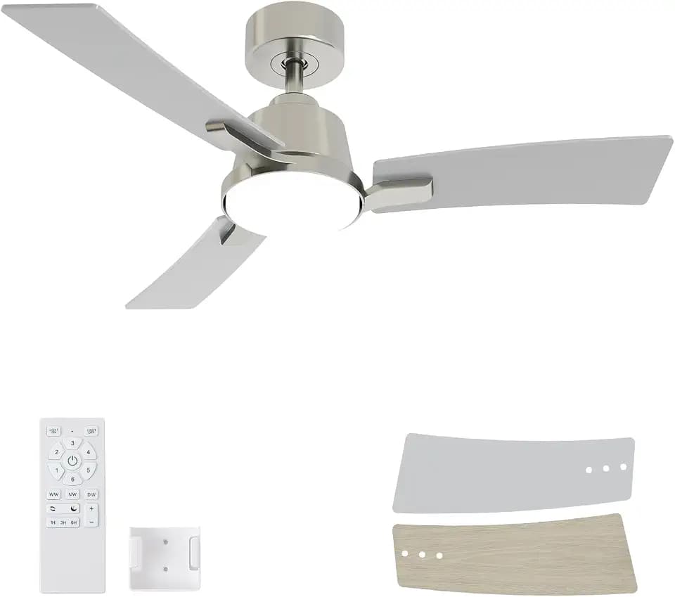 42 Inch Ceiling Fans with Lights, Flush Mount Brushed Nickel Ceiling Fan