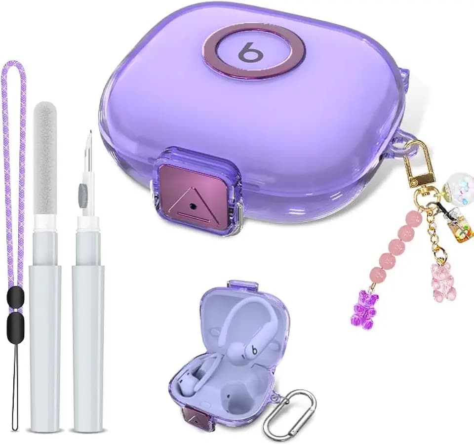 Compatible for Beats Powerbeats Pro 2 Case Cover with Secure Lock, Soft TPU Shockproof Protective Clear Case for Beats Powerbeats Pro 2 Earbuds Accessories with Fashion Keychain & Cleaner Kit (Purple)
